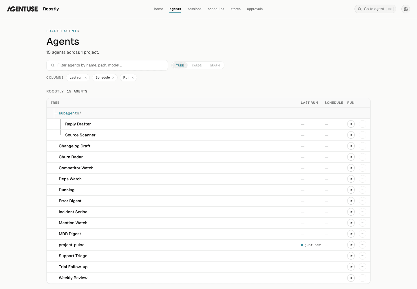 AgentUse agent fleet in light mode showing Markdown-defined agents ready to run