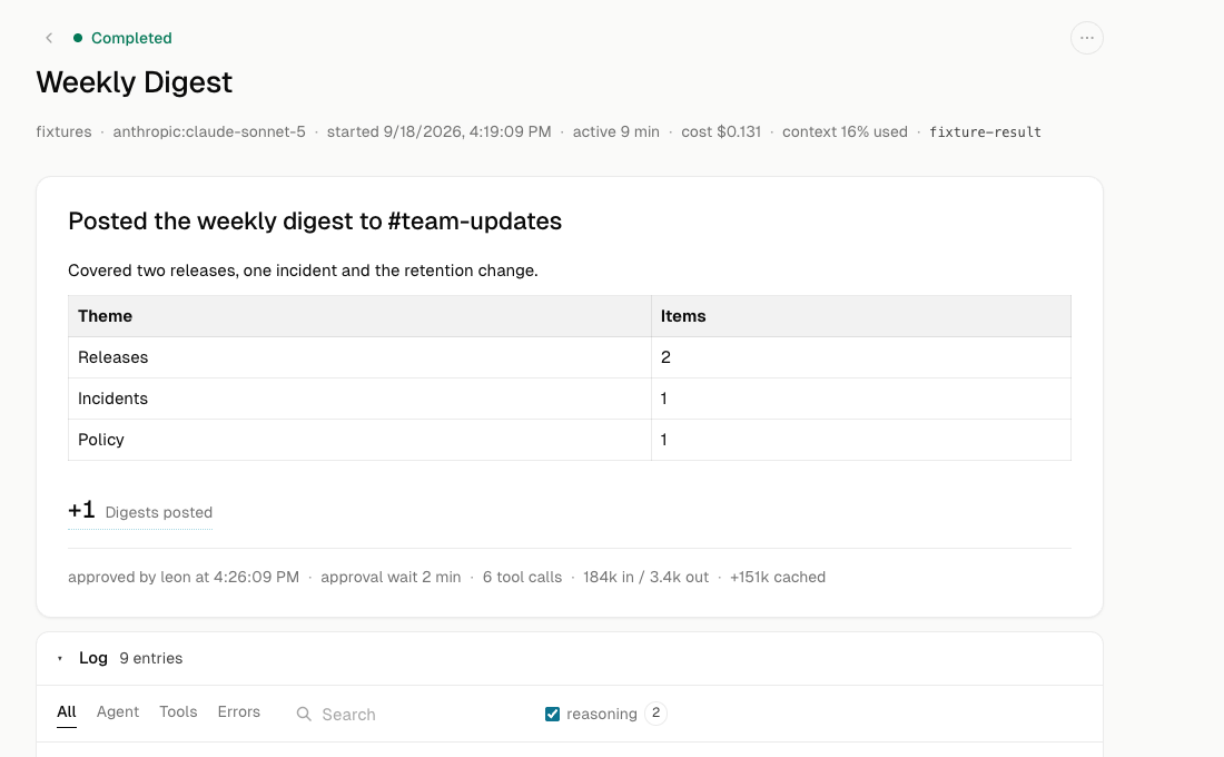 AgentUse v0.22 session page showing a completed Weekly Digest result, recorded metrics, approval timing, tool-call counts, and the folded session log